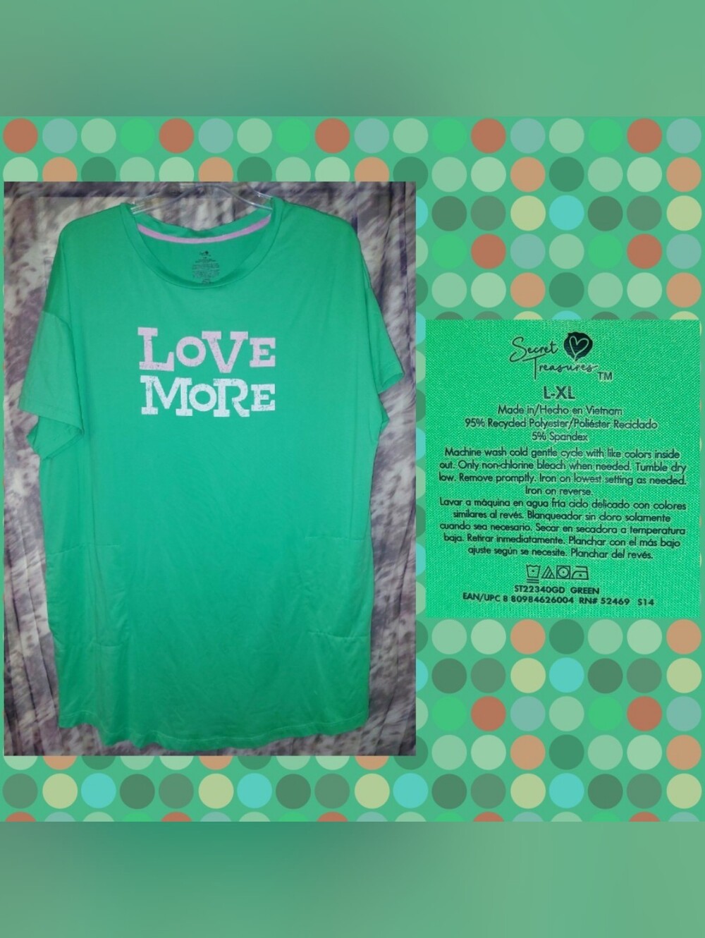 Secret Treasures Mint Grn/Wht/Pink More Love Graphic Print Knit Nightshirt L/XL